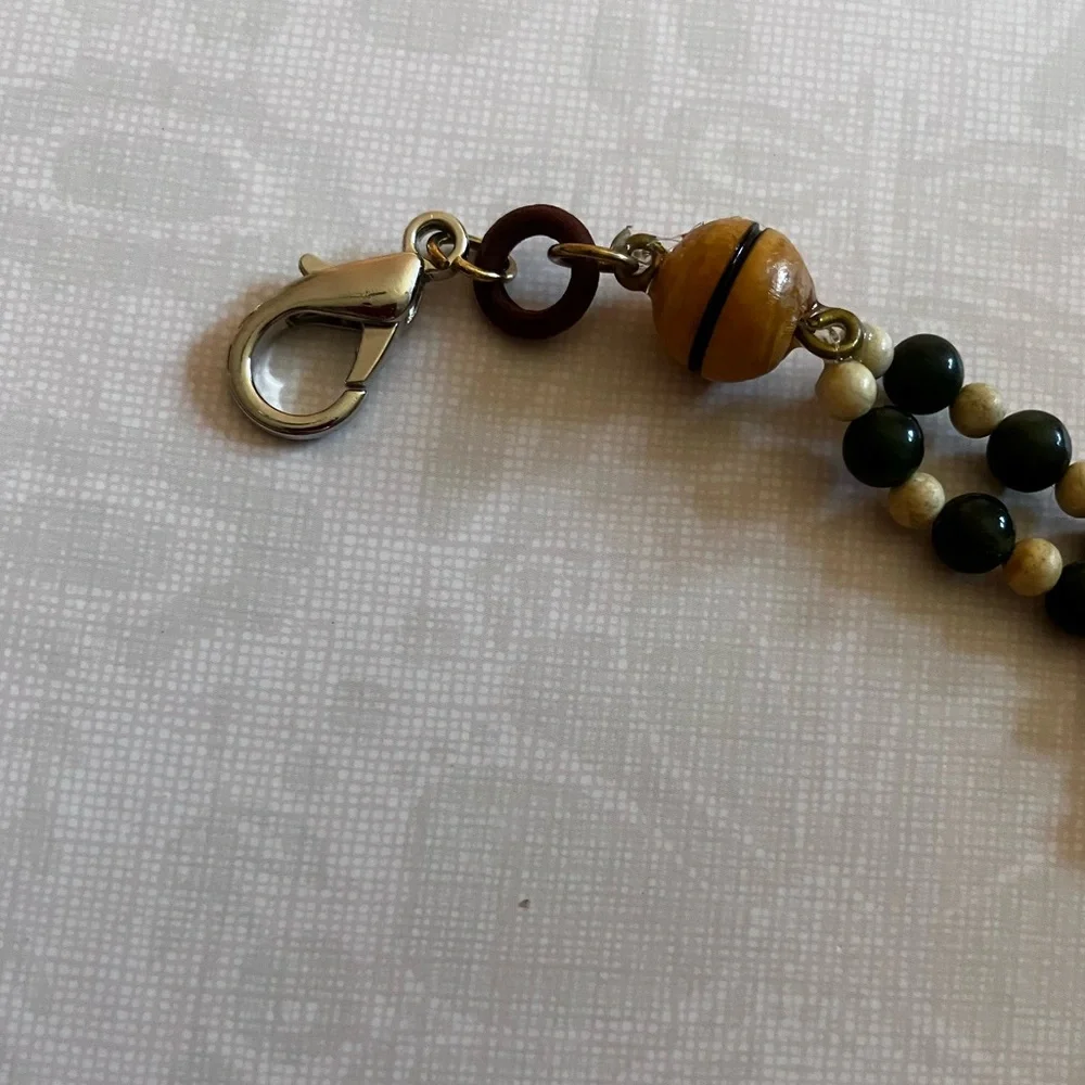 Handmade Hand Held Tan Wood & Green Jade Rosary Beaded Prayer Beads Purse Charm
